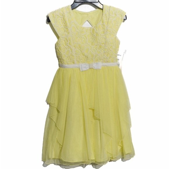 Jona Michelle Girls Yellow Floral Layered Formal A-Line Dress Cap Sleeve 8 - Picture 1 of 6